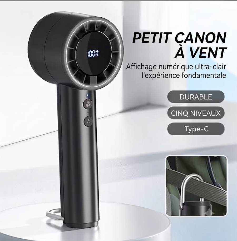 Mini ventilateur USB rechargeable — écran LED, 3 vitesses, lampe torche