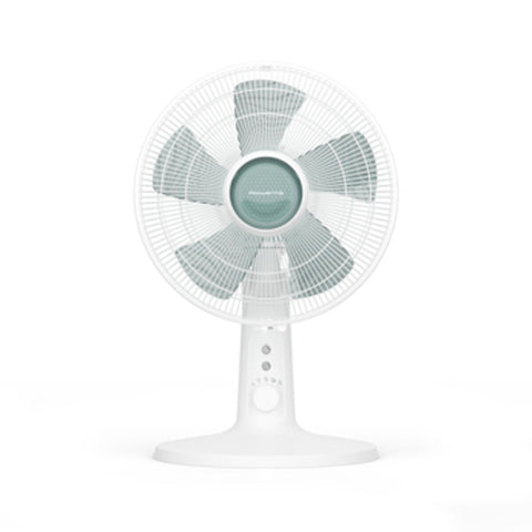 Ventilateur de bureau Rowenta VU2740 blanc posé sur un bureau