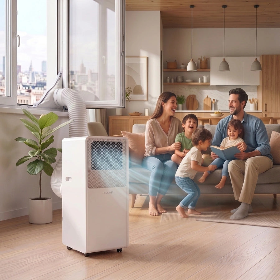 Famille profitant d'un salon rafraîchi par un climatiseur mobile Clim & Chill